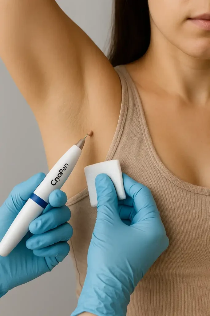 woman having cryopen to remove underarm skin tags Allesley