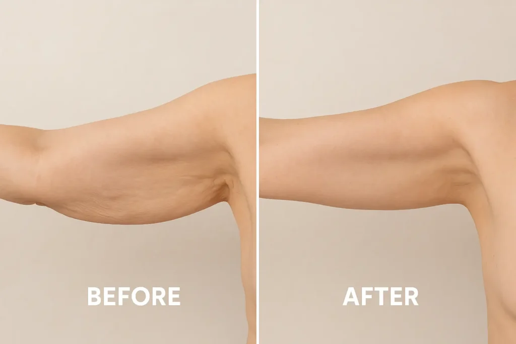 Picture of LA LIPO Allesley before and after results of skin tightening treatment on the upper arms.