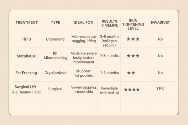 Table showing the comparisons of Skin tightening Allesley treatment options.